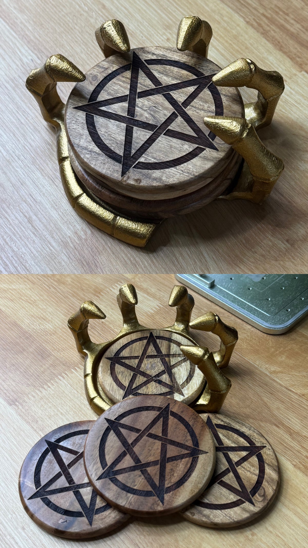 4Pc Hand Of Death Golden Holder/Costers