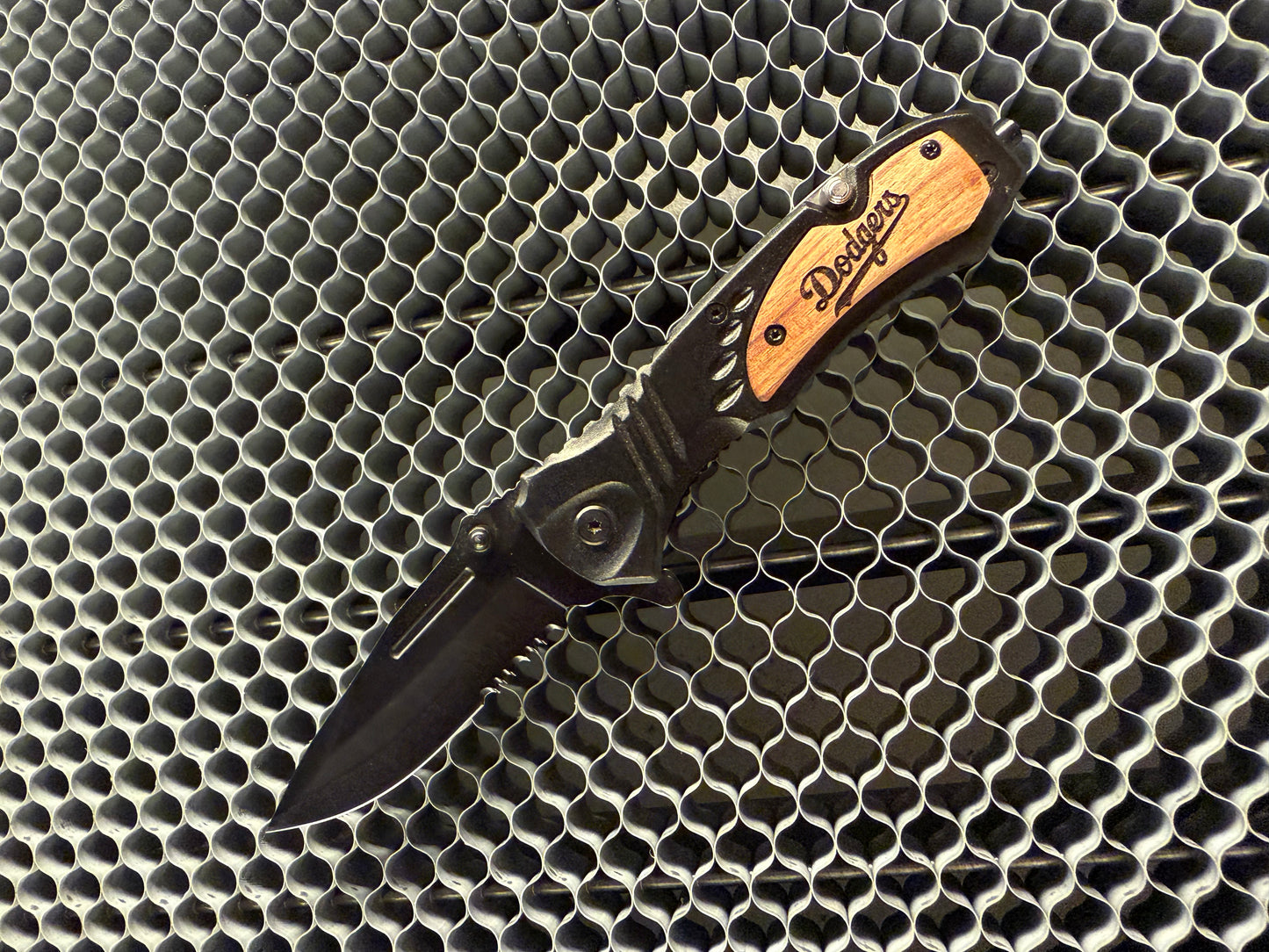 Wooden Handle/ Black Blade Dodgers 2025 Folding Knife.