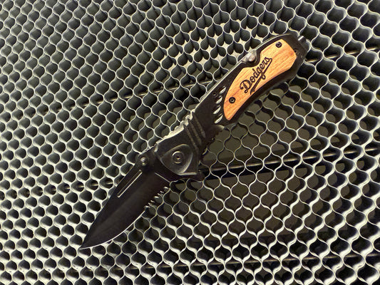 Wooden Handle/ Black Blade Dodgers 2025 Folding Knife.