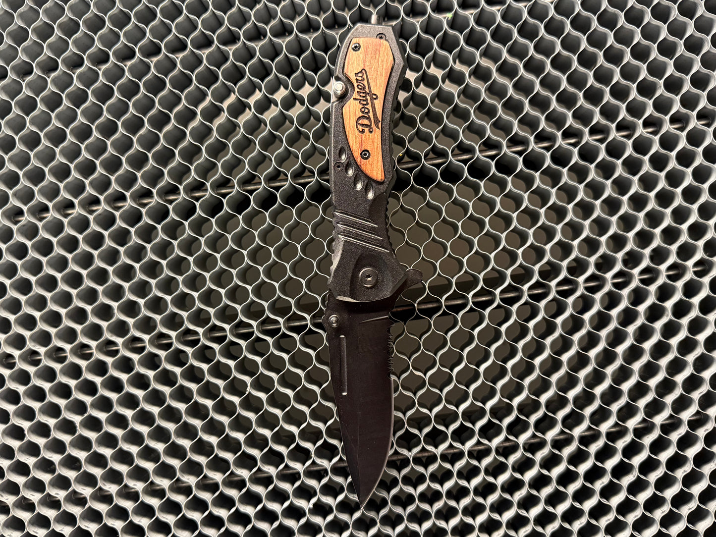 Wooden Handle/ Black Blade Dodgers 2025 Folding Knife.
